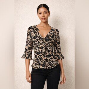 Y2K 2000s Beige Black Silk Burnout Floral Blouse Size S Sheer Indie Ethereal